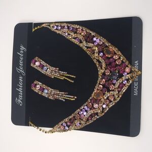 Gold-tone Statement Necklace & Earrings with Pink, Purple & Amber Rhinestones